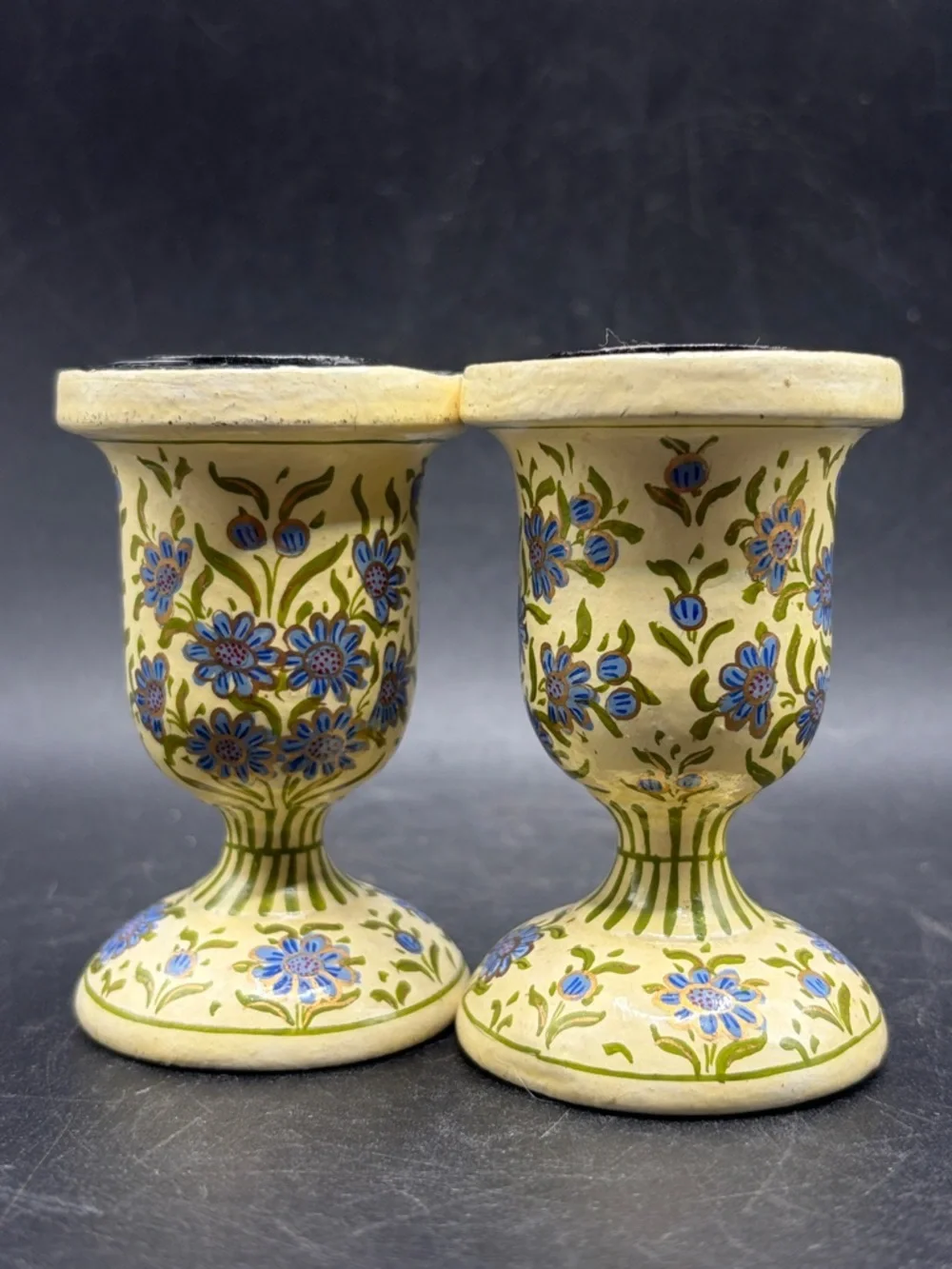 Pair Hand Painted Blue & Gold Tone Floral Flower Candlesticks Candle Holders